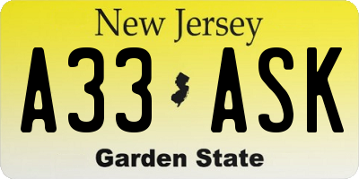 NJ license plate A33ASK