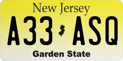 NJ license plate A33ASQ