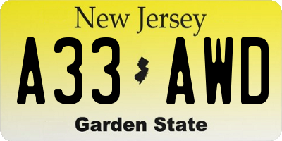 NJ license plate A33AWD