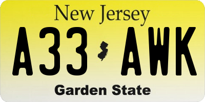 NJ license plate A33AWK