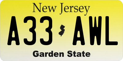 NJ license plate A33AWL