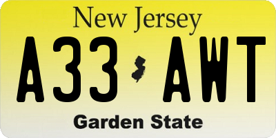 NJ license plate A33AWT