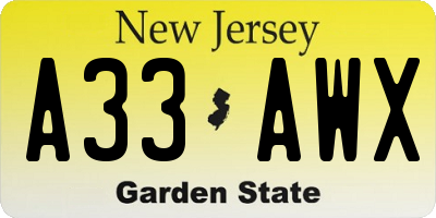 NJ license plate A33AWX