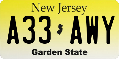 NJ license plate A33AWY