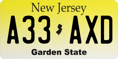 NJ license plate A33AXD