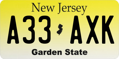 NJ license plate A33AXK