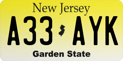 NJ license plate A33AYK