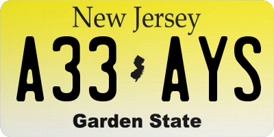 NJ license plate A33AYS