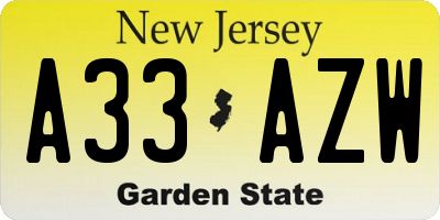 NJ license plate A33AZW