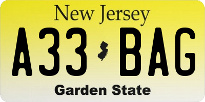 NJ license plate A33BAG