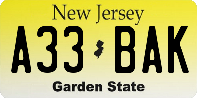 NJ license plate A33BAK