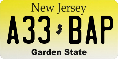 NJ license plate A33BAP