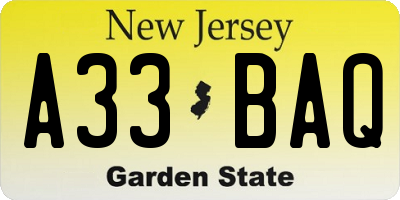 NJ license plate A33BAQ