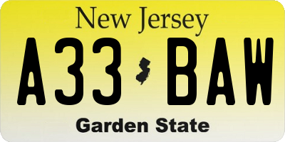 NJ license plate A33BAW