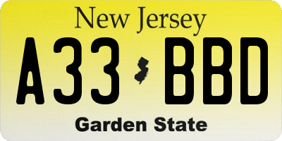 NJ license plate A33BBD