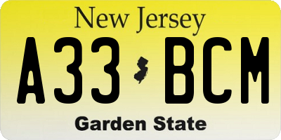NJ license plate A33BCM