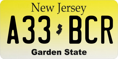 NJ license plate A33BCR