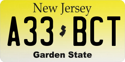 NJ license plate A33BCT