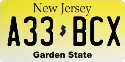 NJ license plate A33BCX