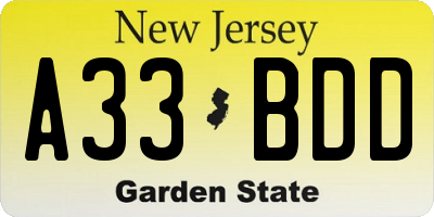 NJ license plate A33BDD