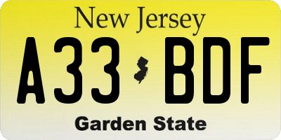 NJ license plate A33BDF