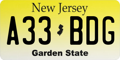 NJ license plate A33BDG
