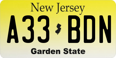 NJ license plate A33BDN