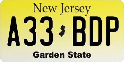 NJ license plate A33BDP