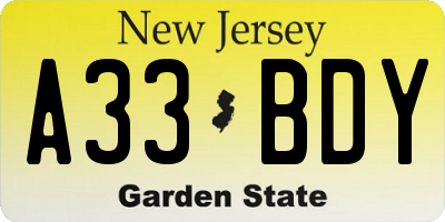 NJ license plate A33BDY