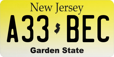 NJ license plate A33BEC