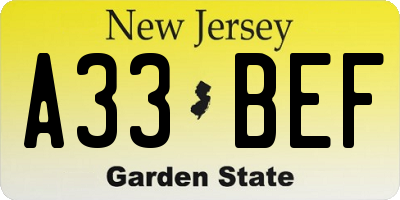 NJ license plate A33BEF