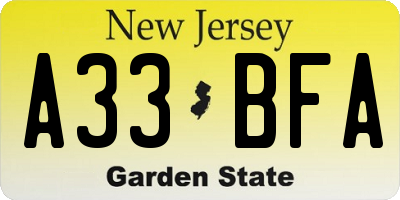 NJ license plate A33BFA