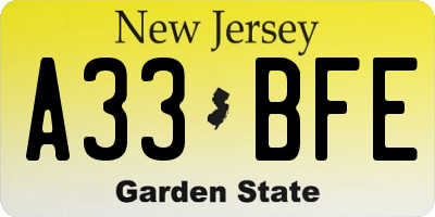 NJ license plate A33BFE
