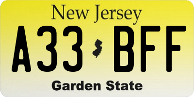NJ license plate A33BFF