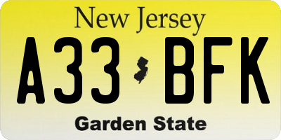 NJ license plate A33BFK