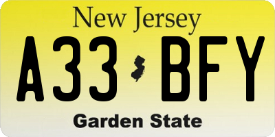 NJ license plate A33BFY