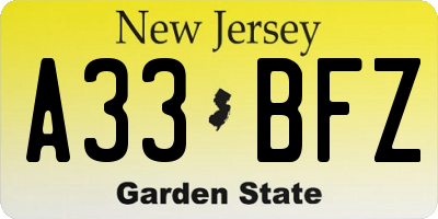 NJ license plate A33BFZ