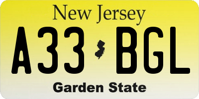 NJ license plate A33BGL