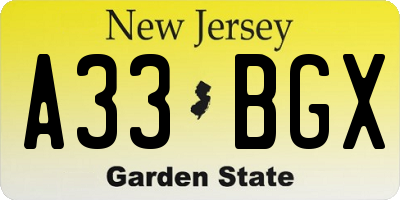 NJ license plate A33BGX