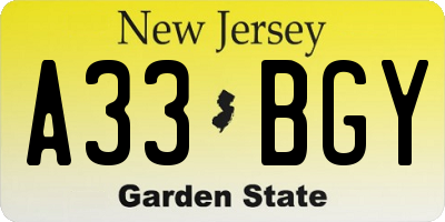 NJ license plate A33BGY