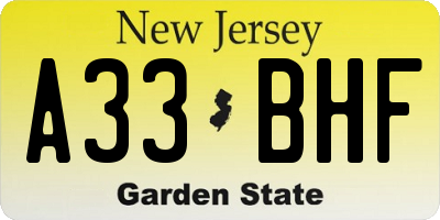 NJ license plate A33BHF