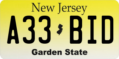 NJ license plate A33BID