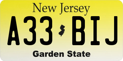 NJ license plate A33BIJ