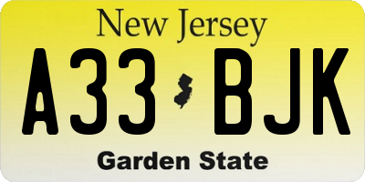 NJ license plate A33BJK