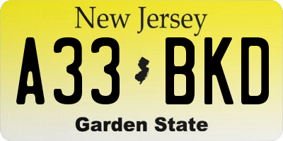 NJ license plate A33BKD