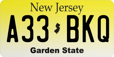 NJ license plate A33BKQ