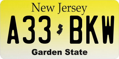 NJ license plate A33BKW