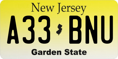 NJ license plate A33BNU