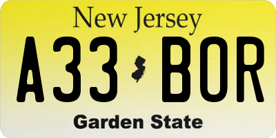 NJ license plate A33BOR