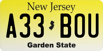 NJ license plate A33BOU